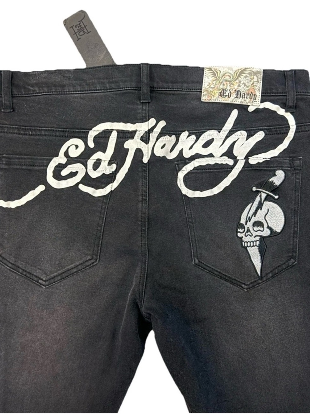 Ed Hardy Black Skinny Jeans with White Script & Skull Accent - Picture 2 of 6